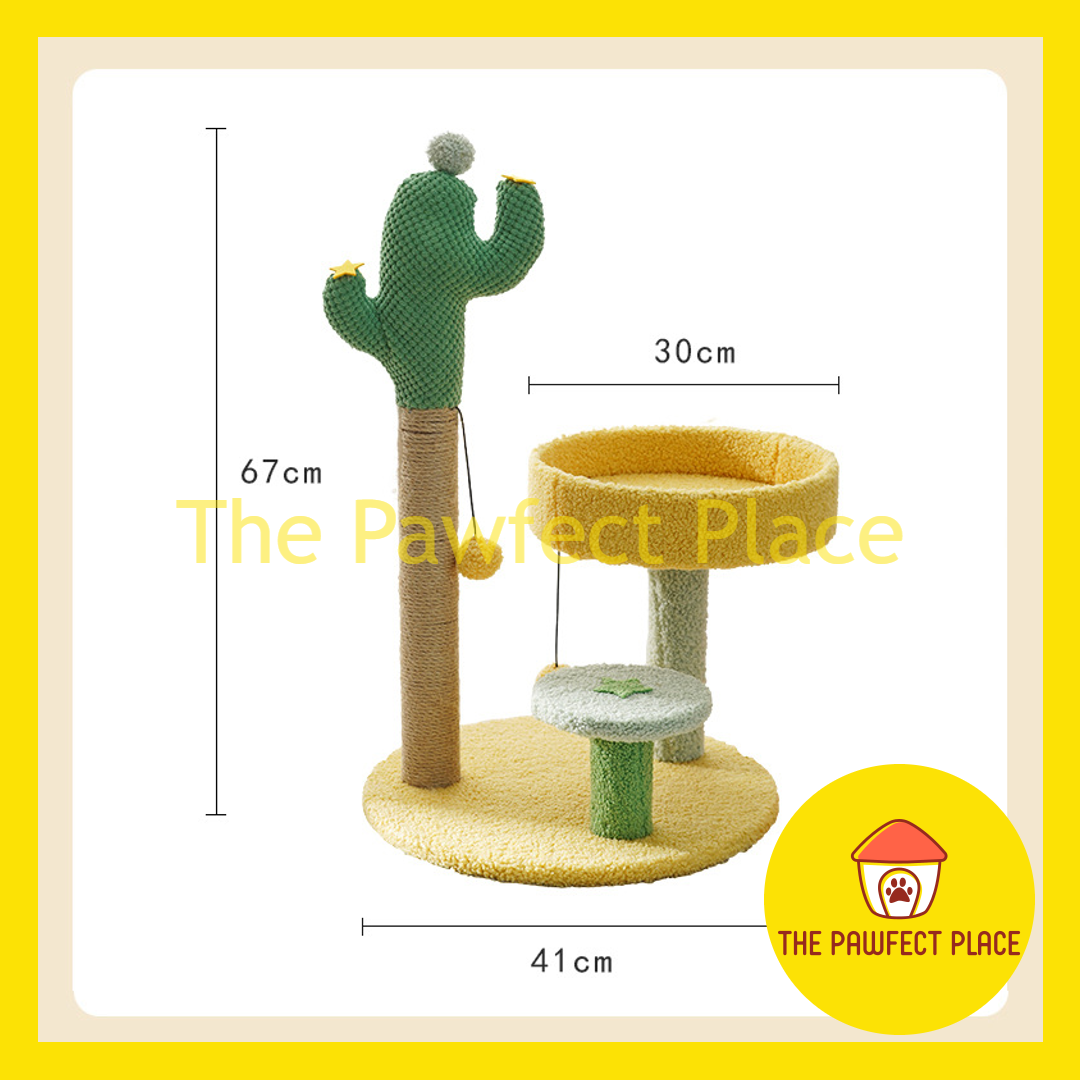 67cm Cute Green Cactus Cat Tree Tower with Scratching Post Climbing Stand with Dangling Ball