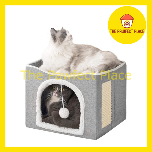 Foldable Double Layer Triple Layer Cat House with Removable Mat Cat Beds with Fluffy Ball and Side Scratch Pad