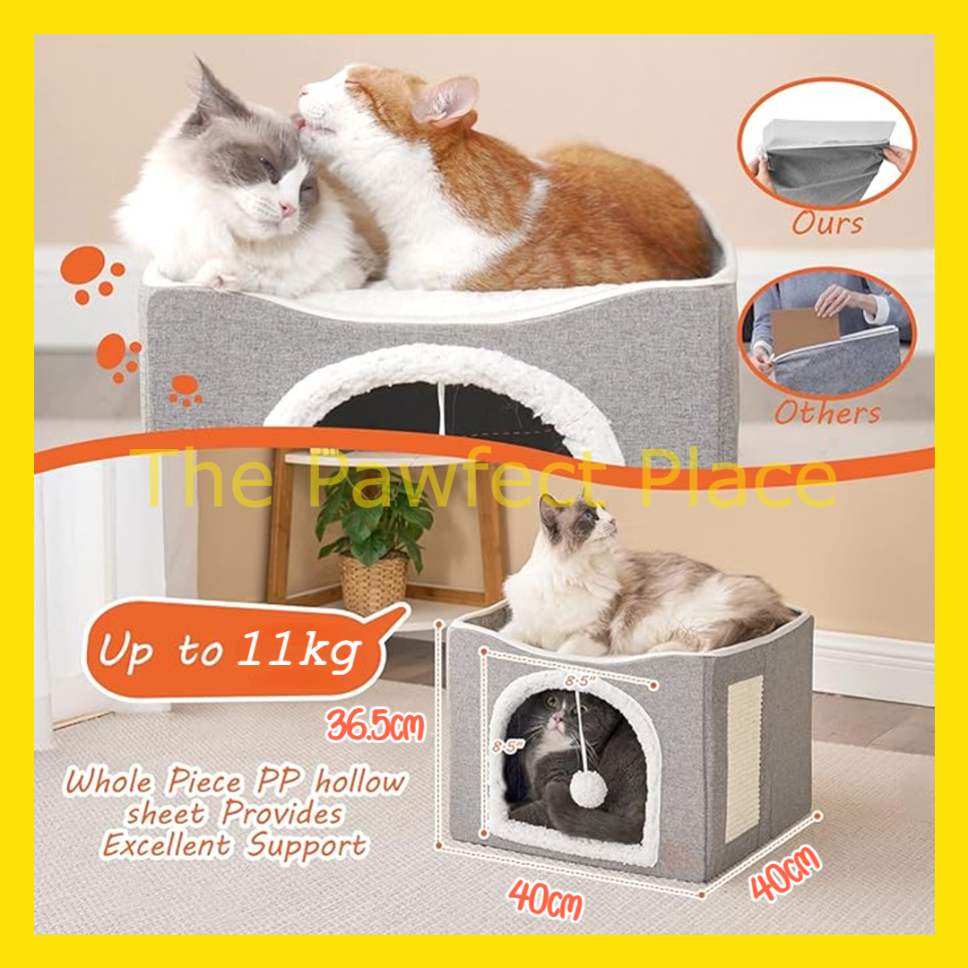 Foldable Double Layer Triple Layer Cat House with Removable Mat Cat Beds with Fluffy Ball and Side Scratch Pad