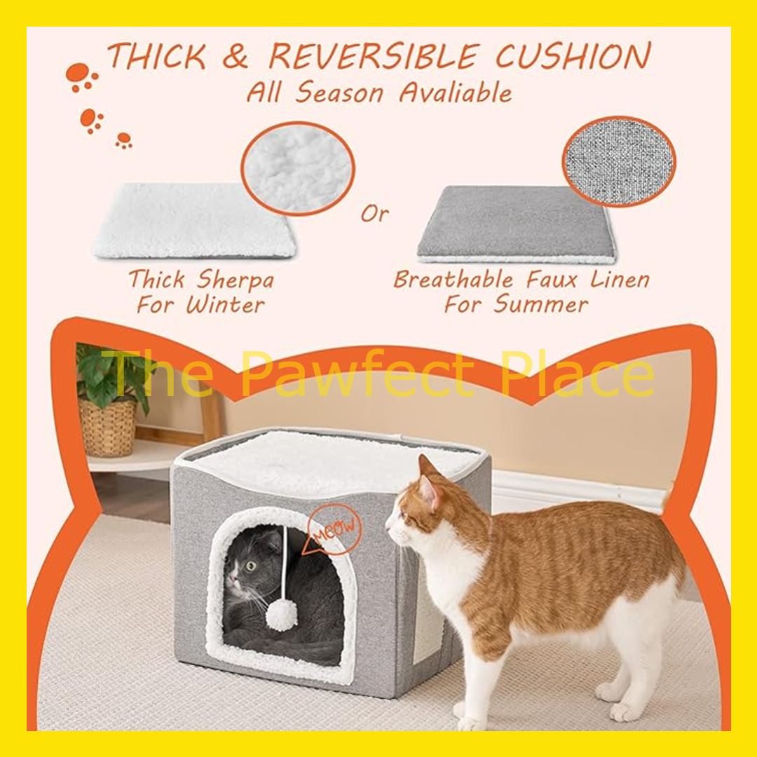 Foldable Double Layer Triple Layer Cat House with Removable Mat Cat Beds with Fluffy Ball and Side Scratch Pad