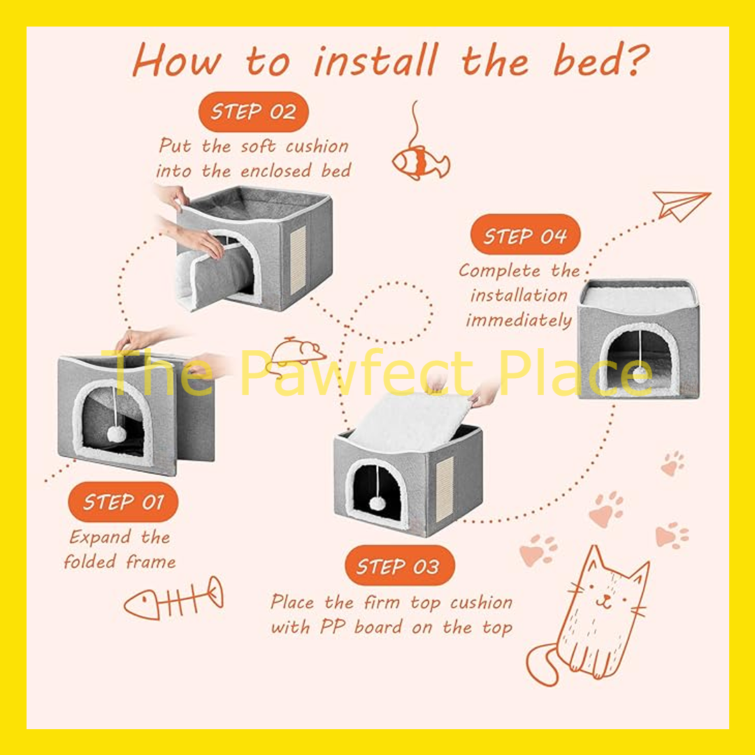 Foldable Double Layer Triple Layer Cat House with Removable Mat Cat Beds with Fluffy Ball and Side Scratch Pad