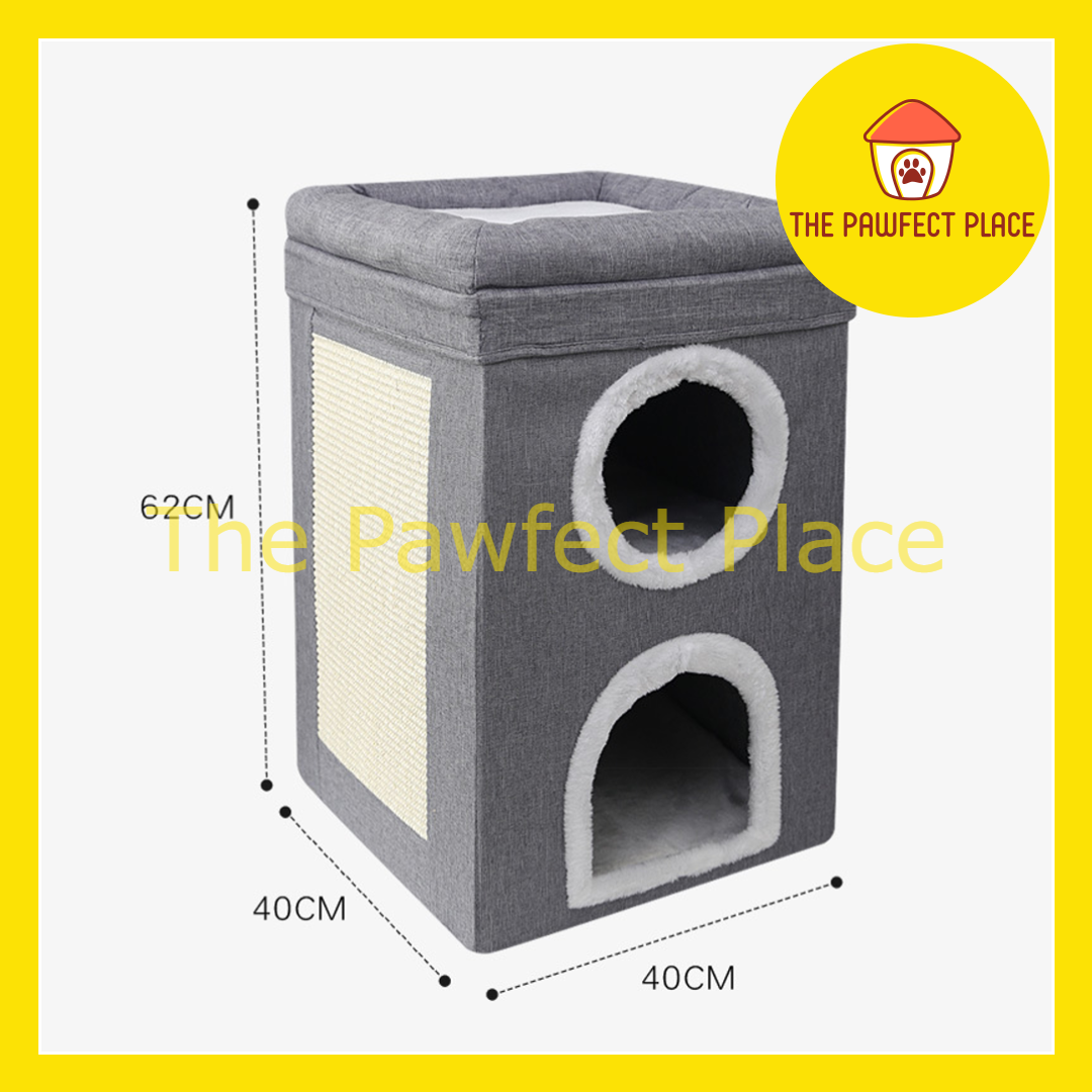 Foldable Double Layer Triple Layer Cat House with Removable Mat Cat Beds with Fluffy Ball and Side Scratch Pad