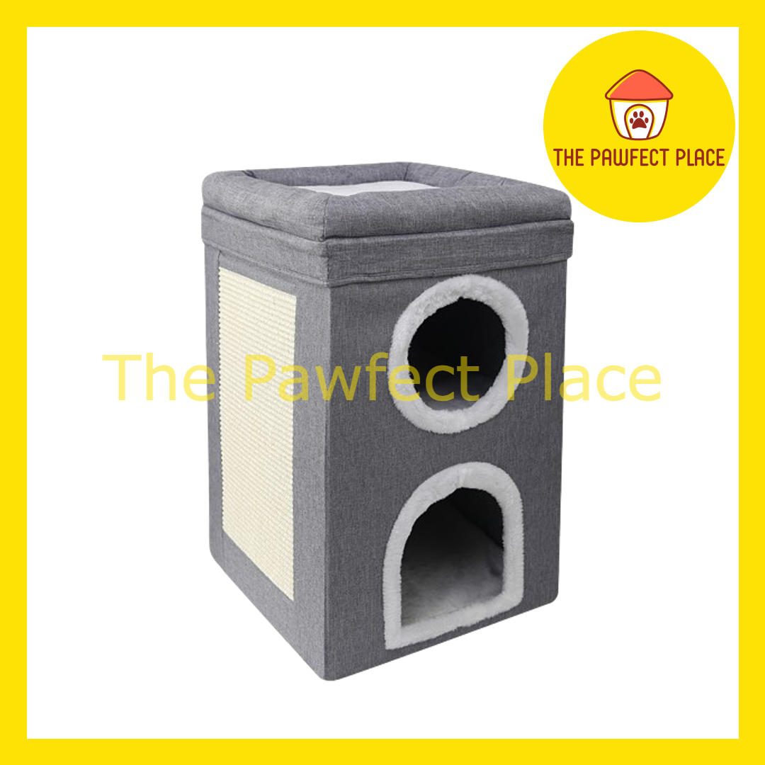 Foldable Double Layer Triple Layer Cat House with Removable Mat Cat Beds with Fluffy Ball and Side Scratch Pad