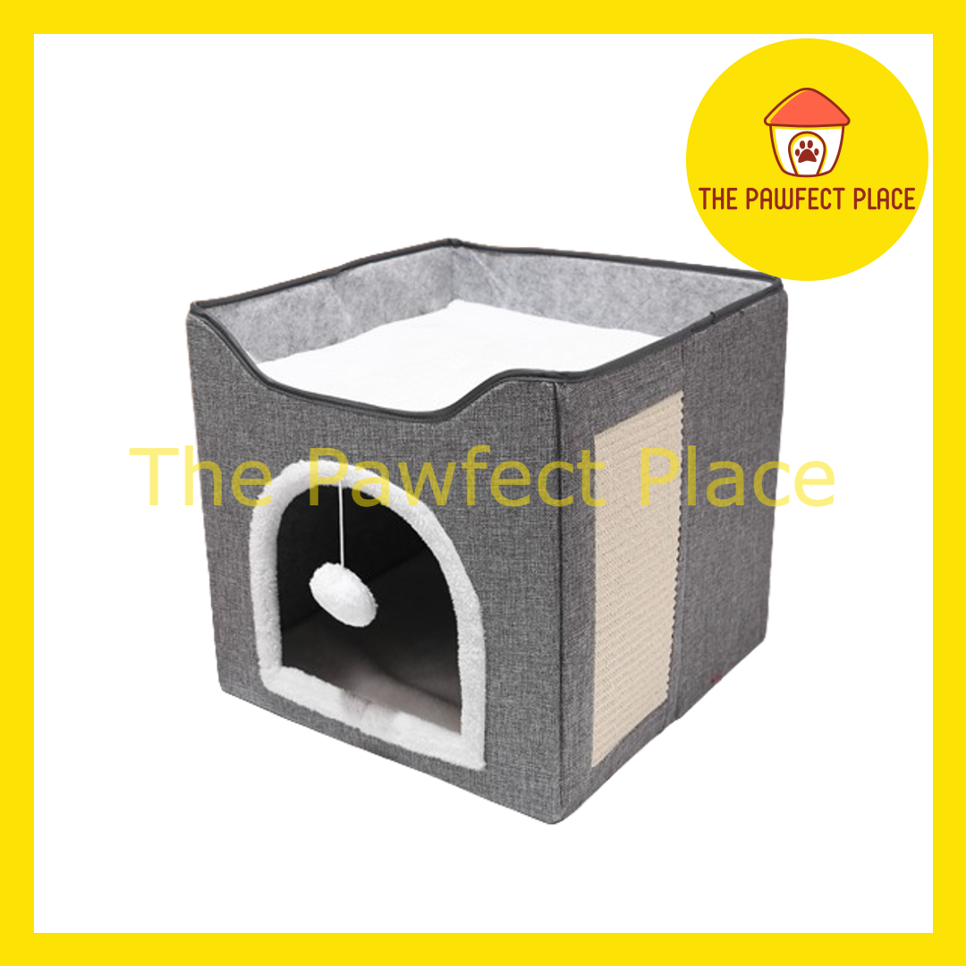 Foldable Double Layer Triple Layer Cat House with Removable Mat Cat Beds with Fluffy Ball and Side Scratch Pad