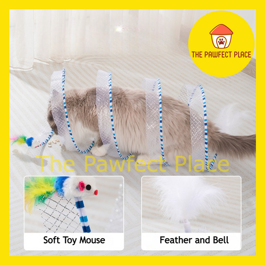 Folding Mesh Spring Cat Tunnel Toy with Soft Toy Mouse and Feather Pet Play Tunnel Foldable Tunnel Toy for Kitten Cat