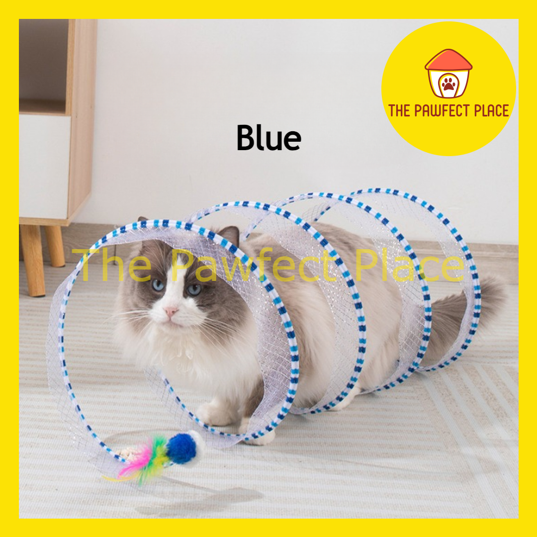 Folding Mesh Spring Cat Tunnel Toy with Soft Toy Mouse and Feather Pet Play Tunnel Foldable Tunnel Toy for Kitten Cat