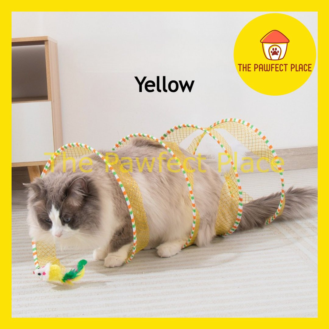 Folding Mesh Spring Cat Tunnel Toy with Soft Toy Mouse and Feather Pet Play Tunnel Foldable Tunnel Toy for Kitten Cat