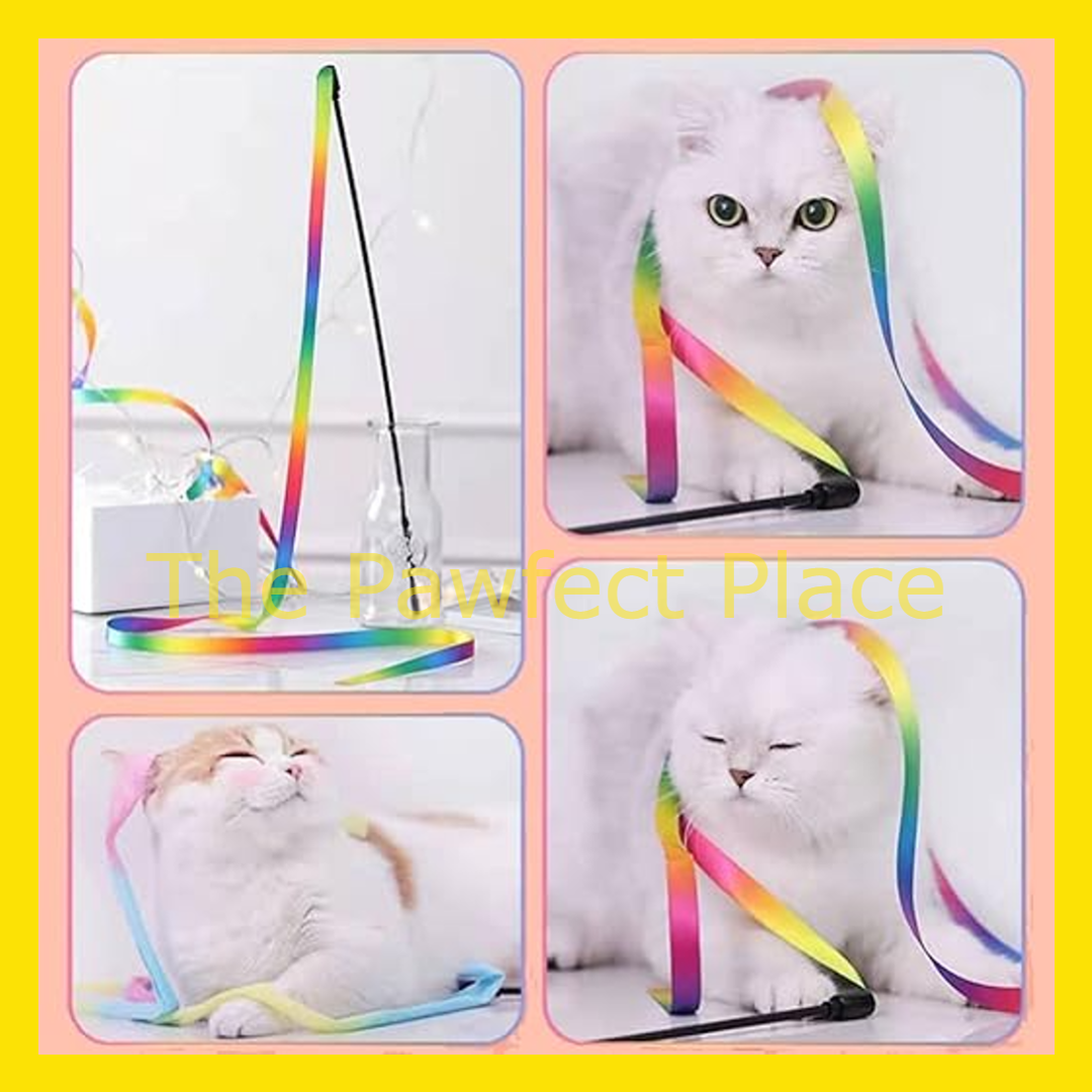 Interactive Cat Teaser with Rainbow Ribbon Wand Toys Cat Wand String Colorful Ribbon