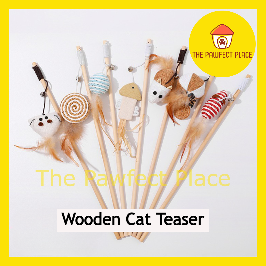 Pet Teaser Cat Toy Wood Wand Teaser Fun Toy Interactive Cat Teaser Mainan Kucing