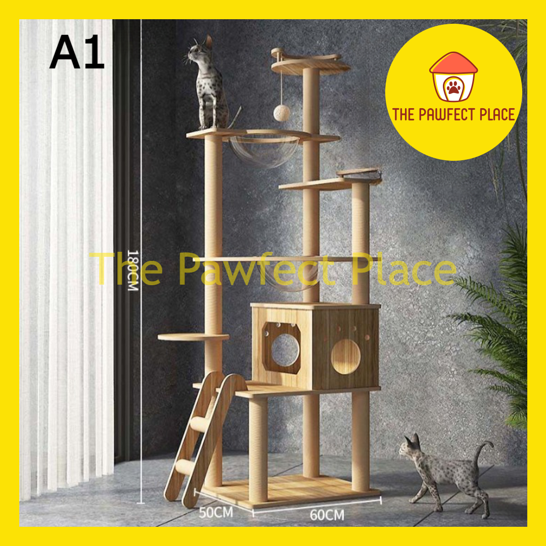 132cm-180cm Premium Large Cat Tree House Wood Cat Condo Bed Scratcher House Cat Tower Hammock Climbing Scratcher House